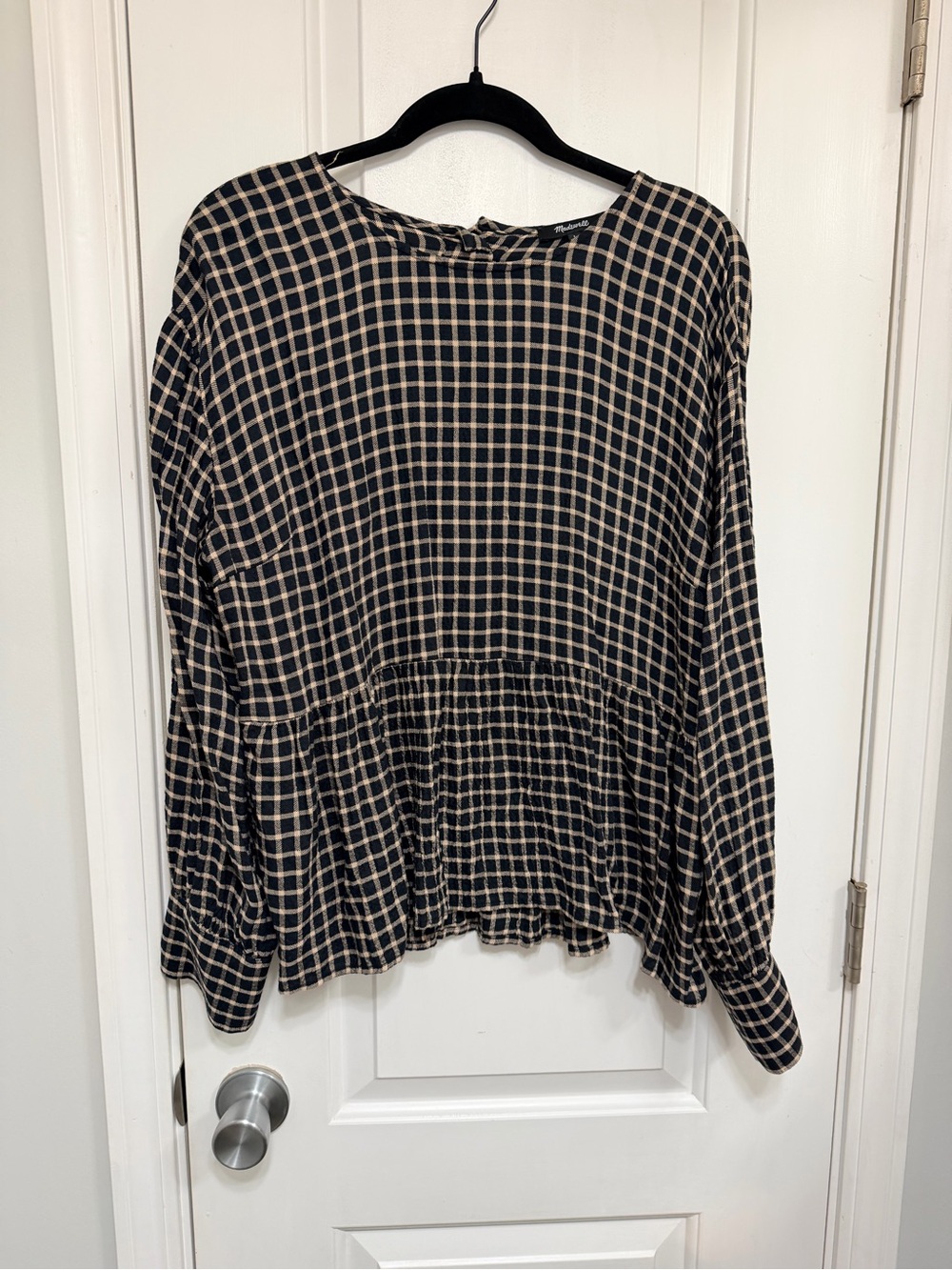 Woven Check Peplum Blouse - Black and Cream